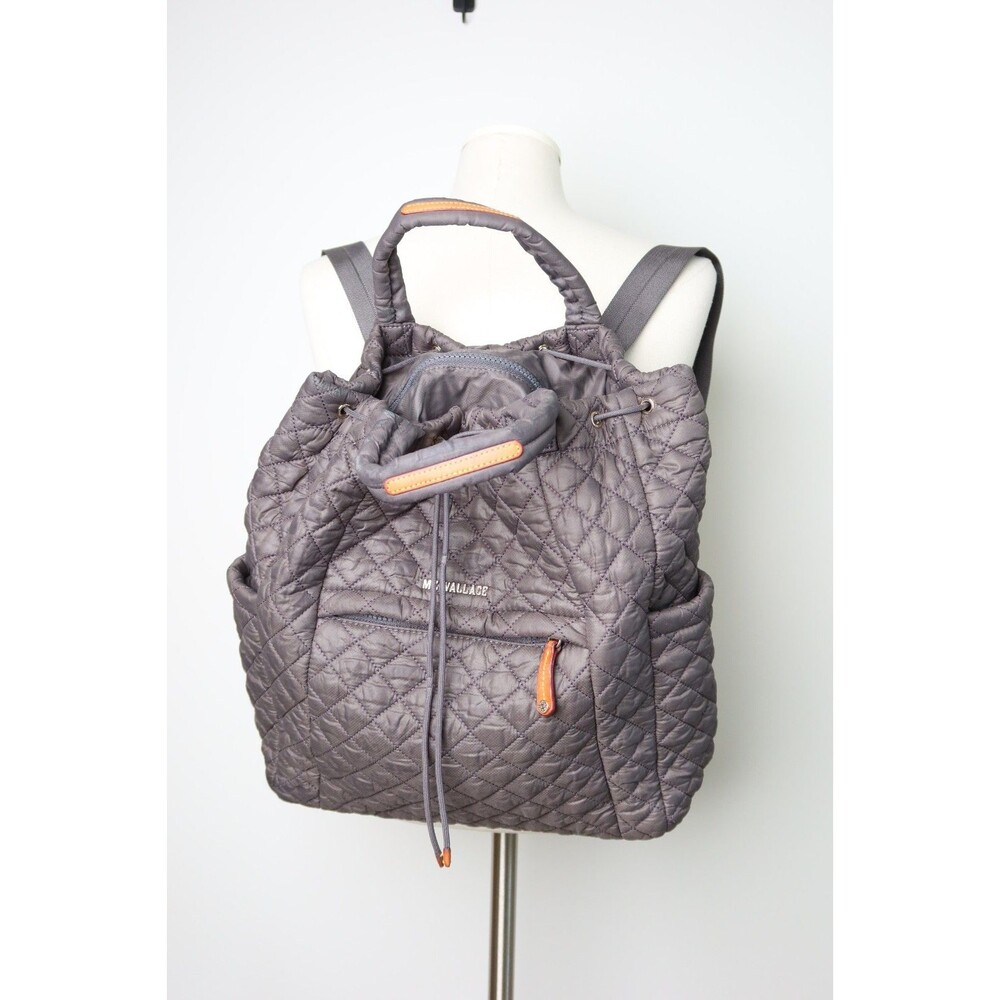 MZ Wallace Quilted Grey Metro Convertible Nylon Backpack Zipper Closure Pockets